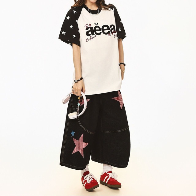 スターパターンレタリングラグランTシャツ 3col R02299