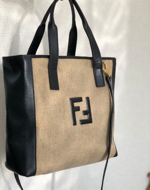 FENDI フェンディ　FFロゴ　レザー×キャンバス　2way　ハンドバッグ　ベージュ×ブラック　vintage　ヴィンテージ　オールド　daa3k5