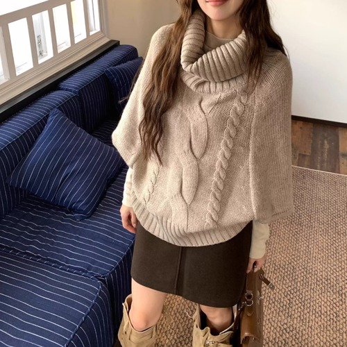 【3点セット】ケープ風ケーブルニット＋ハイネックトップス＋ミニスカート ・72588