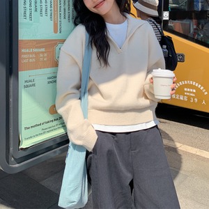 open-collar drop shoulder knit top J00003