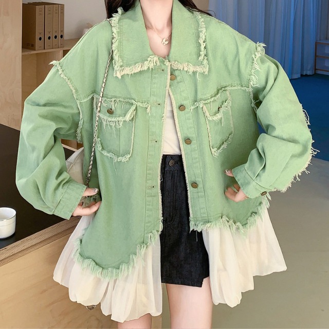 melon fringe sheer balloon hem denim jacket  e1856