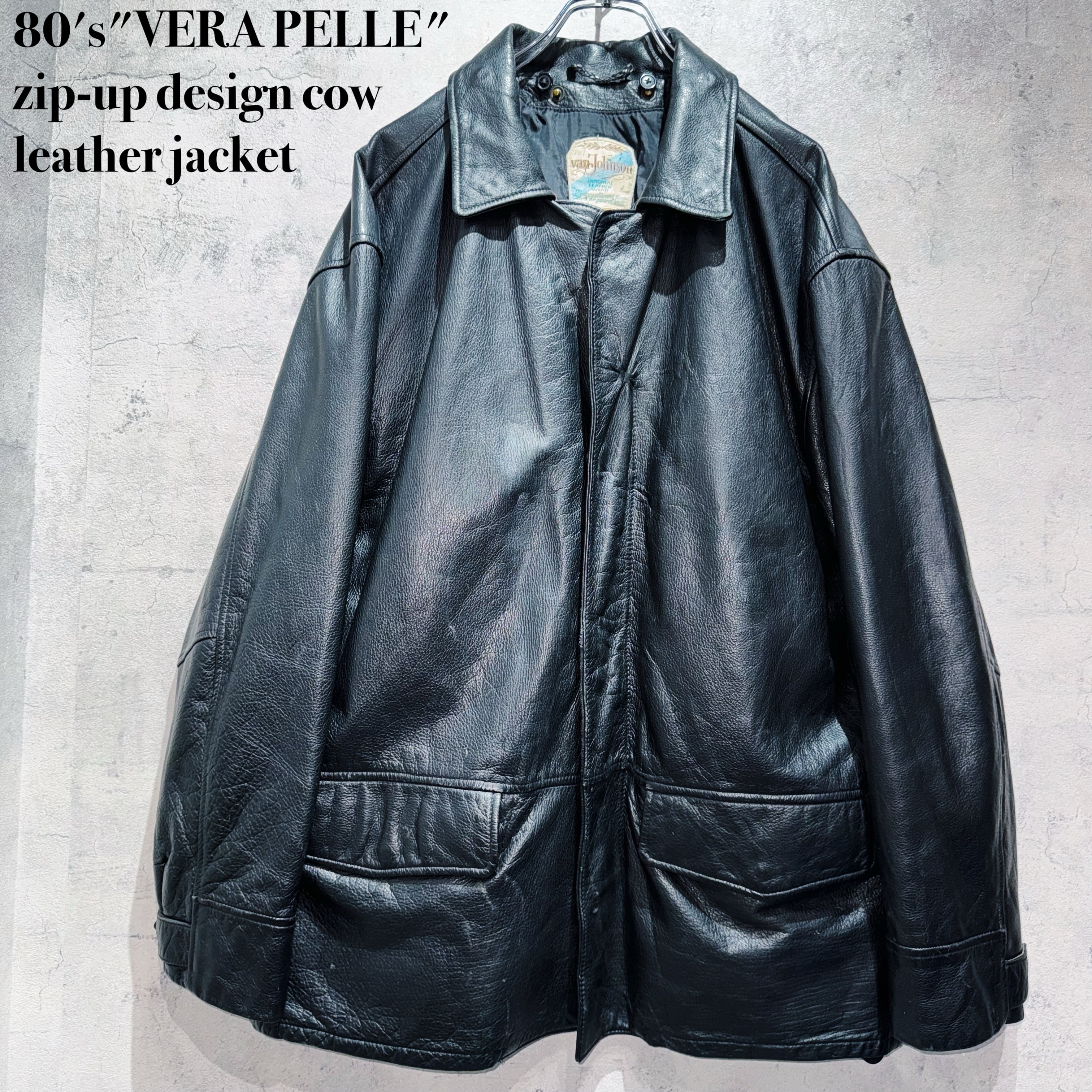 80's"VERA PELLE"zip-up design cow leather jacket