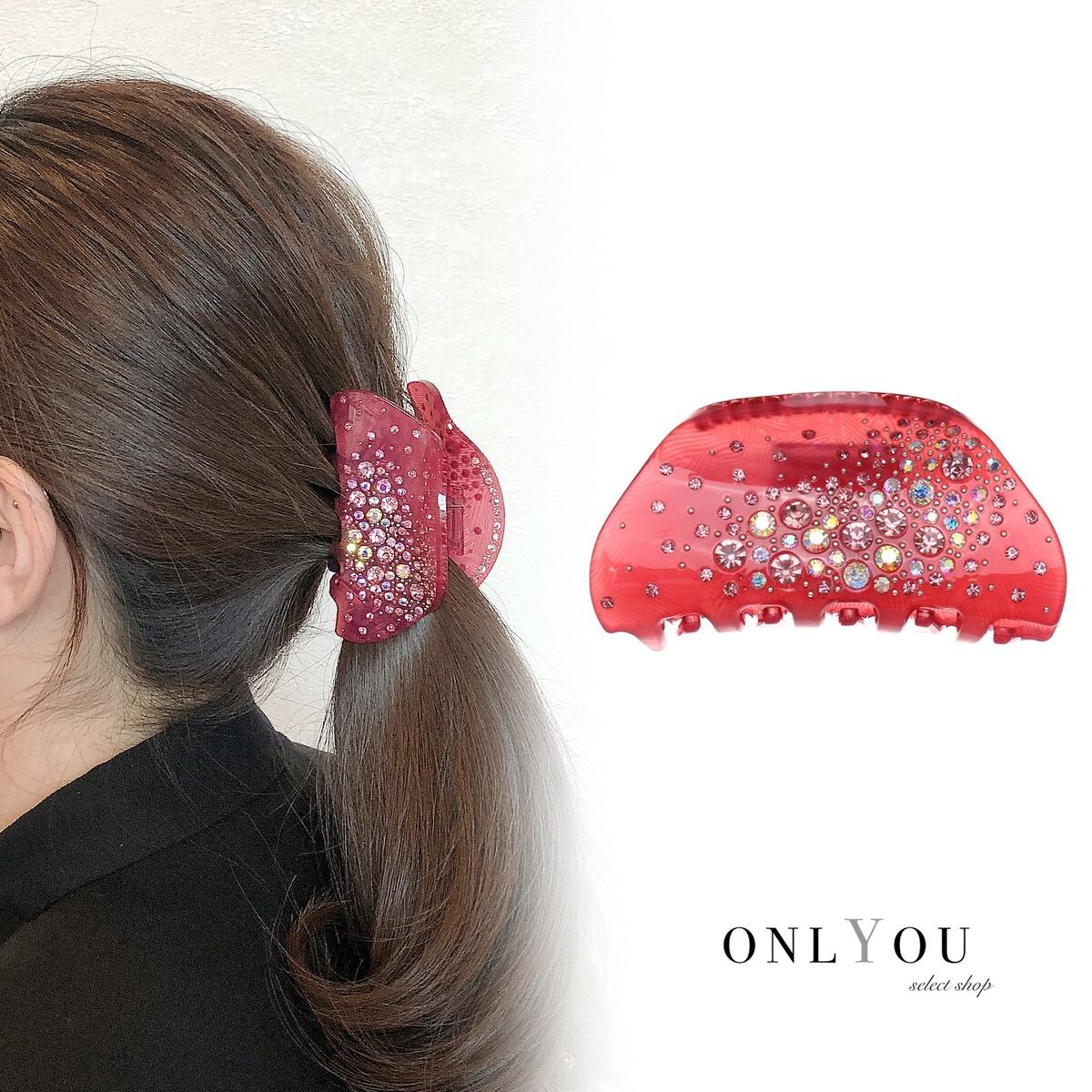 キラキラストーンバンスクリップ レッド ヘアクリップ クリップ キラキラ ビジュー ゴージャス 三角 大 クリップ バンスクリップ レディース かわいい ヘアアクセサリー セレクトショップオンリーユー