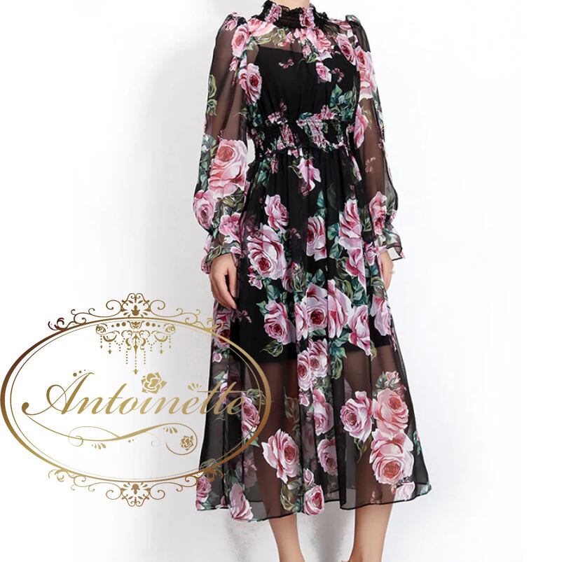 S 1即配可能 フジテレビ 木曜ドラマ ルパンの娘１ 小沢真珠様 ご着用 シフォンワンピース 花 バラ レディース おしゃれ ブラック フレアワンピース ワンピ 春 春服 春物 Antoinette