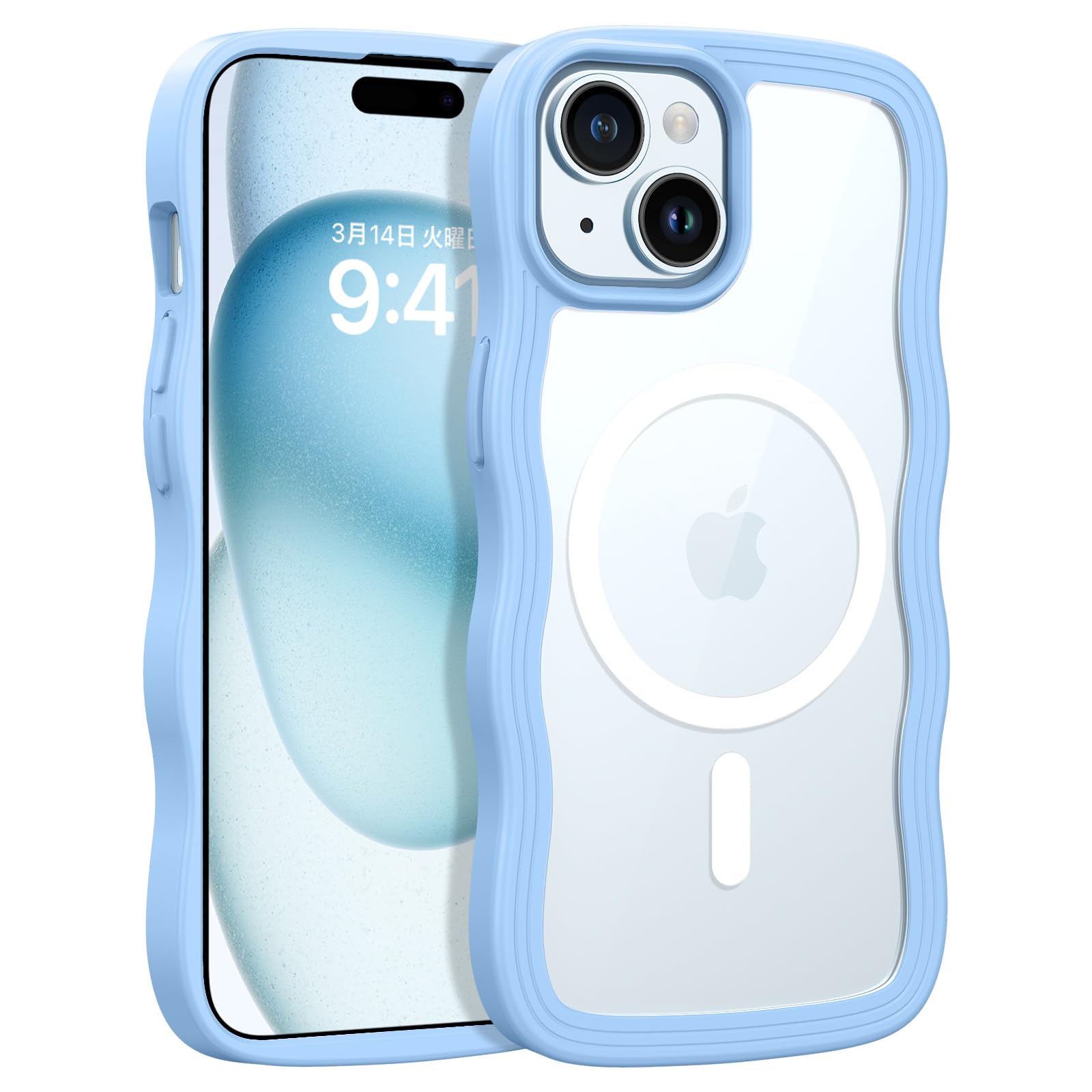 BENTOBEN iPhone 15 / iPhone 14 / iPhone 13 用ケース MagSafe対応 クリア 波型 うねうね かわいい ワイヤレス充電 マグネット内蔵 耐衝撃 黄変なし 指紋防止 傷防止 アイフォン15/14/13 ケース ミストブルー
