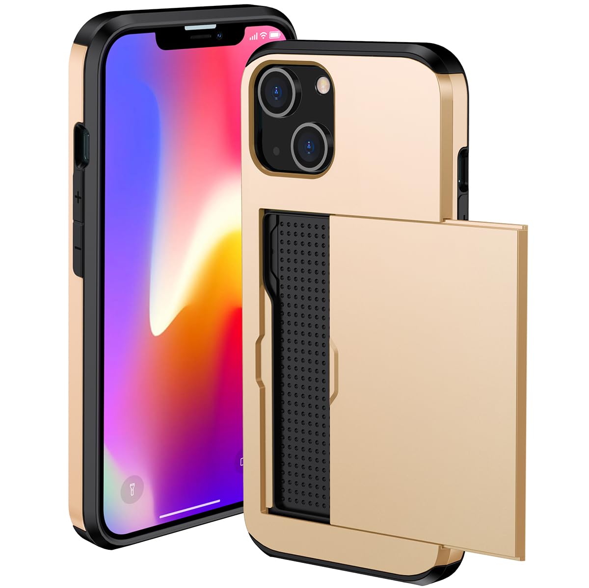 MuZiF iPhone 13 用 ケース カード収納 耐衝撃構造 米軍耐衝撃 全面保護 擦り傷防止 PC 背面収納 アイフォン13 用 カバー ケース(iPhone 13用,きんいろ)