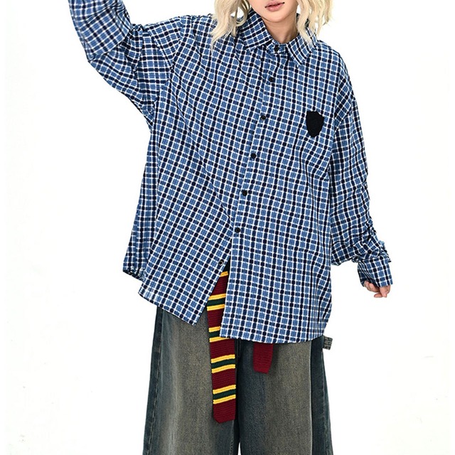 クロスパッチチェックルーズシャツ 2col   R01074