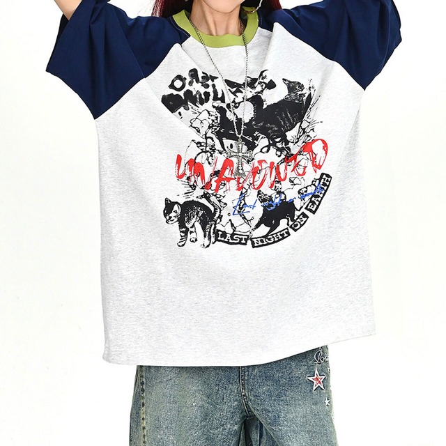 キャットグラフィックラグランビッグTシャツ 2col   R01702