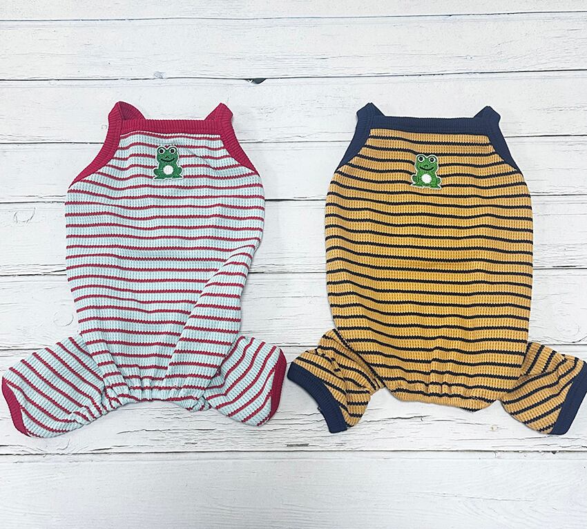 frog patch striped all in one S ~ XL 2color / 犬服 ボーダー オールイン  夏 袖なし 可愛い 犬の服 ドッグウェア 韓国 ペット ワンコ服 小型犬 中型犬 猫 ロンパース ストレッチ素材 tsu47