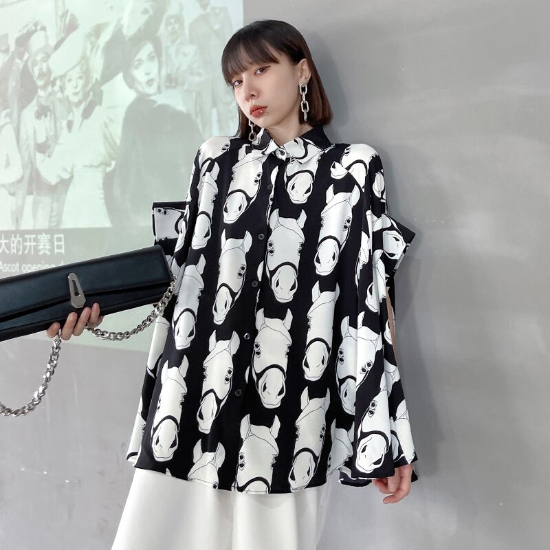 ブラックスタイルシャツ レディースサマー薄手スタンダードプリントルーズ レトロ 夏物 ラブタオタオダレンハウス44438557002
