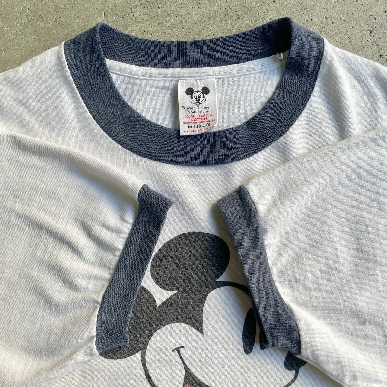 70年代 Disney ミッキーマウス 染み込みプリント リンガーTシャツ 