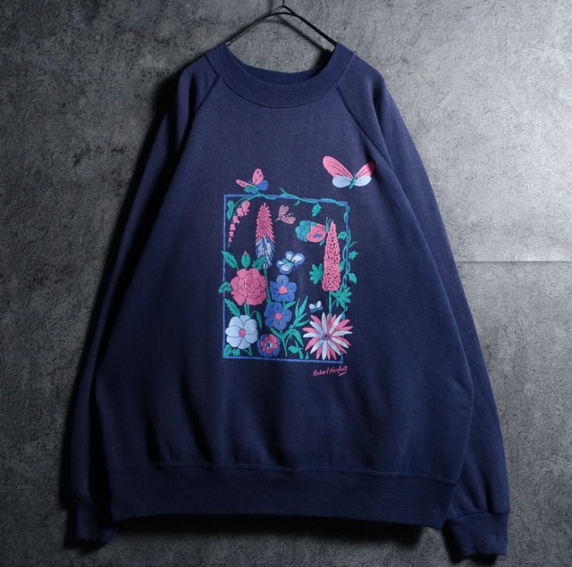 90s "Hanes" Navy Flower & Butterfly Art Print Design Sweat