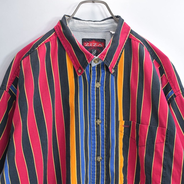 90s ZIZA ジザ マルチストライプ BDシャツ 半袖 刺繍ロゴ デザインシャツ マルチカラー ヴィンテージ ブラック レッド ブルー イエロー ビンテージ アメリカ古着 メンズ XXL相当