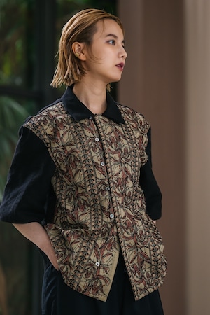 24SS Botanical embroidery half sleeve linen shirt