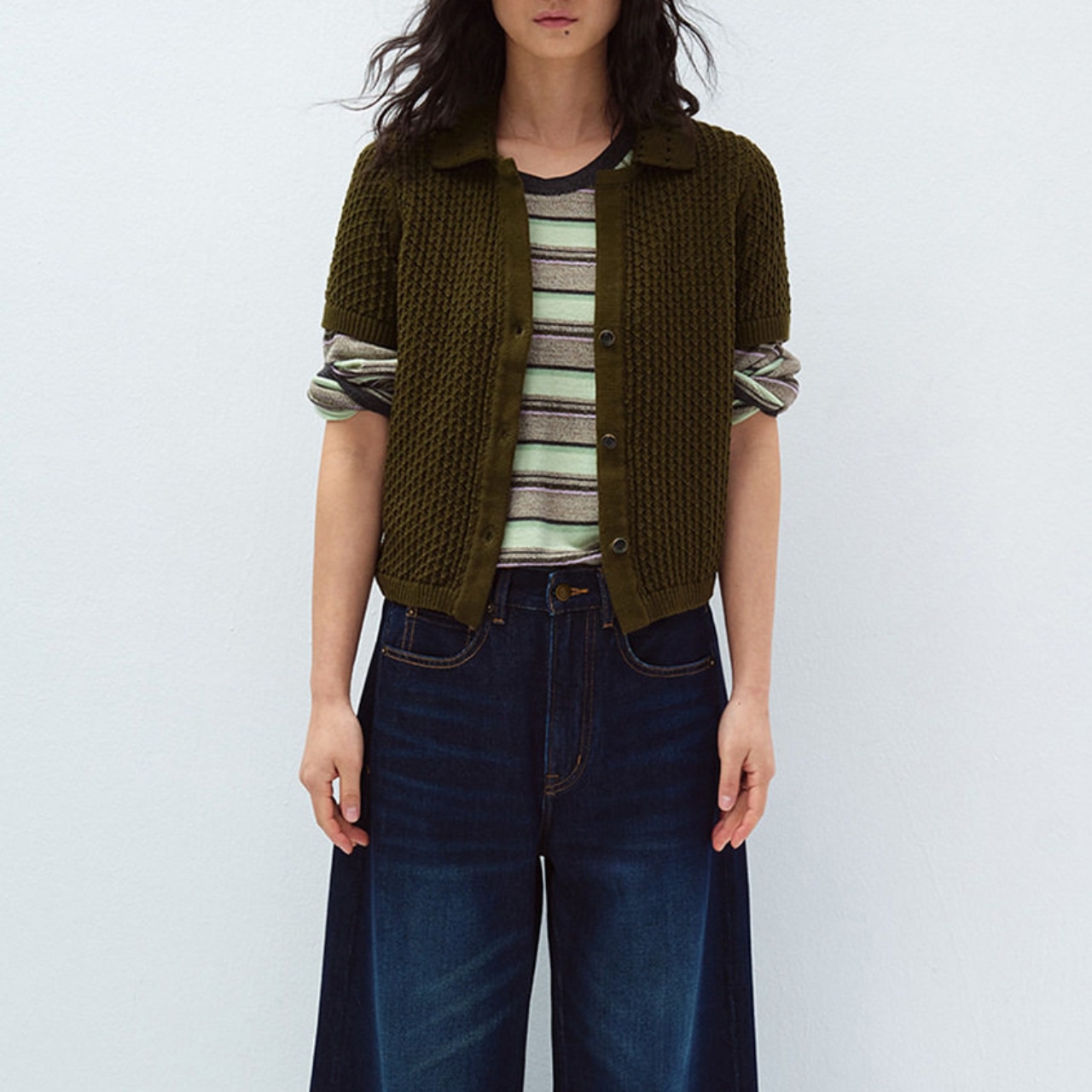 Open Collar Short Knit Cardigan 【3color】 T4351