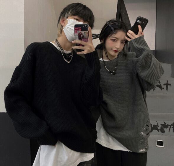 秋冬新作 トップス ユニセックス ニット セーター ダメージ加工 ハイネック