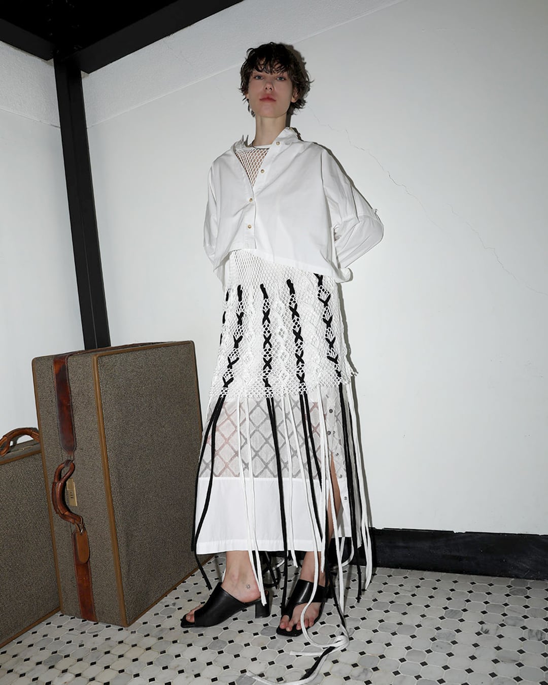 Fringe-knitting Net Dress (White)