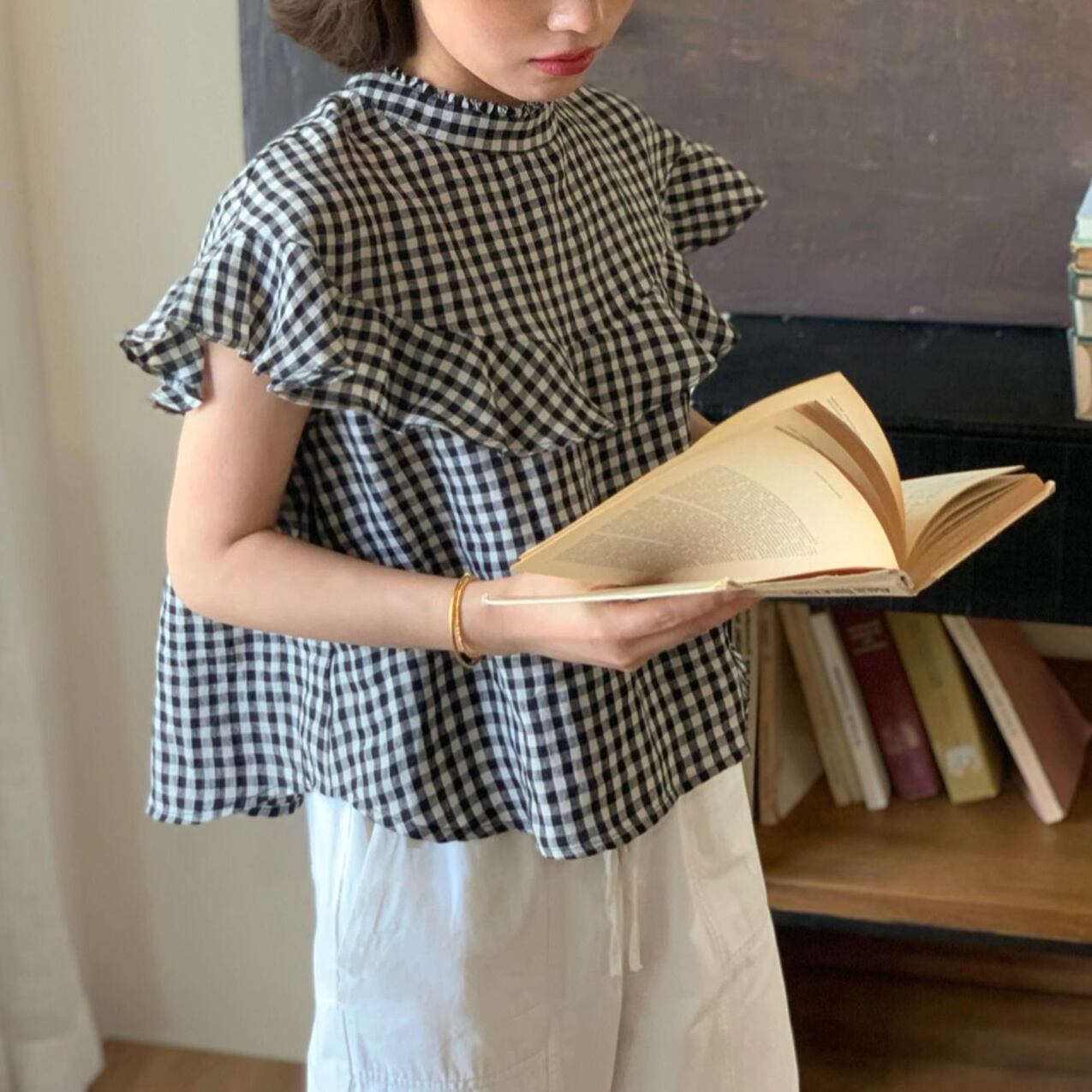 stand neck frill check shirt TO0577