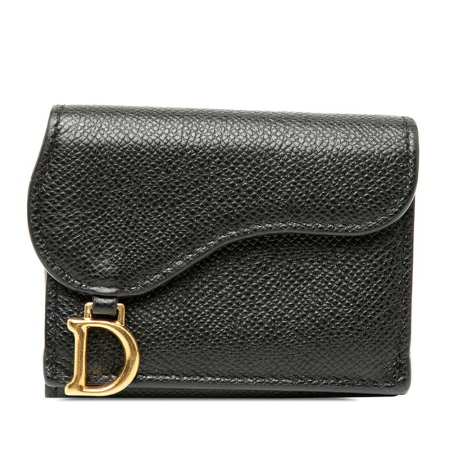 ディオール サドル 三つ折り財布 コンパクトウォレット ブラック ゴールド金具 レザー レディース Dior 【中古】