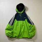 90s~ adidas ナイロン パフォーマンスロゴ スリーストライプ マルチカラー アノラックパーカー アディダス イエローグリーン ダークブルーグリーン M 古着