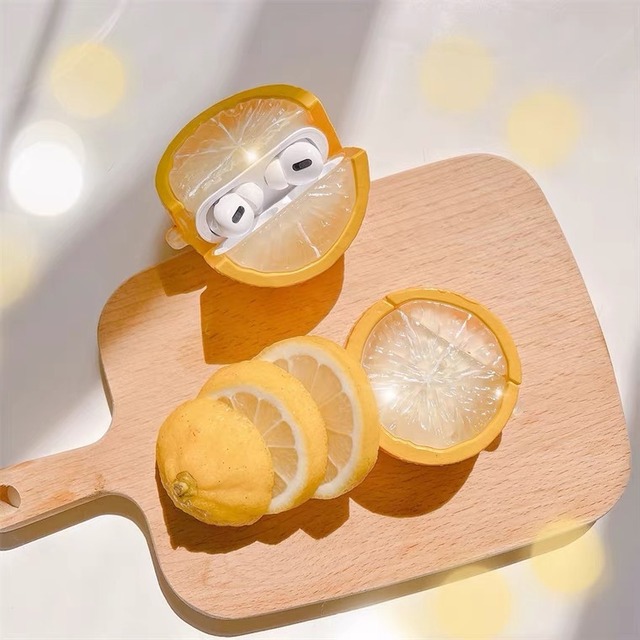 Airpodsケース レモン フルーツ 檸檬 オレンジ イラスト ポップ 可愛い 柑橘 円形丸 エアポッズ イヤホンケース Onlymeshop