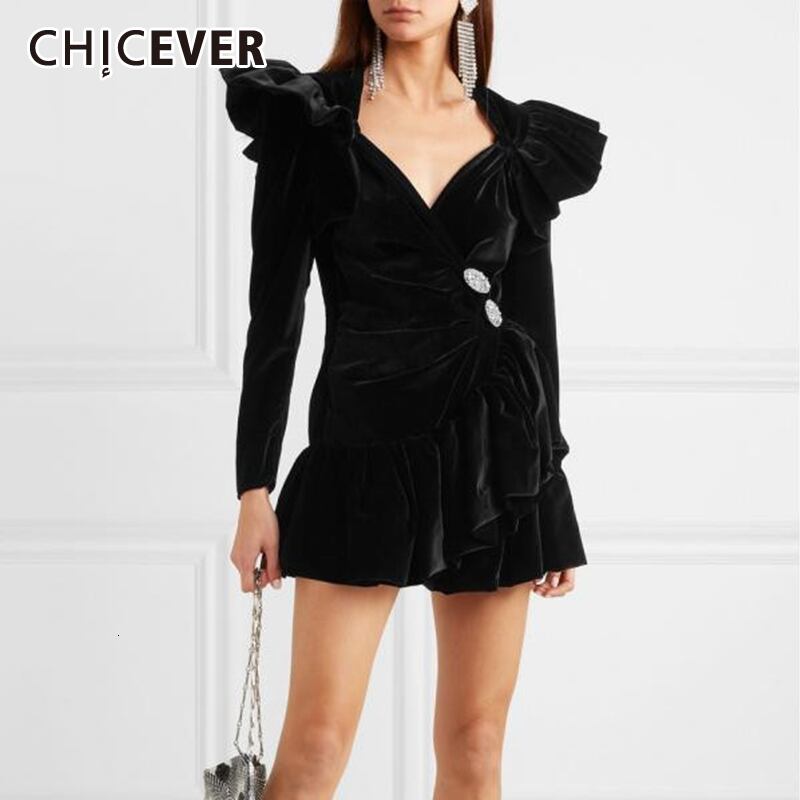 CHICEVERブラックドレスレディースVネックパフ長袖ウエストシャーリングパッチワークフリルミニドレス2020 ロング ラッフル 6base571124644916