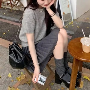 サマーニット レディース 半袖 セーター パフスリーブ 短丈 ショート丈 きれいめ かわいい ラウンドネック ビジュー デザイン リブ ybh2064