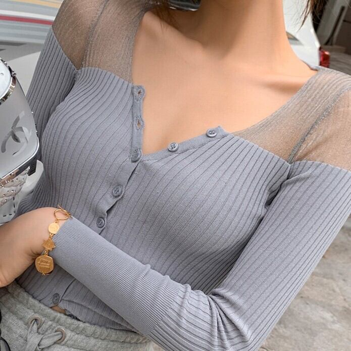 Vネックセクシー シースルーカットカーディガン YC078 | Pay ID