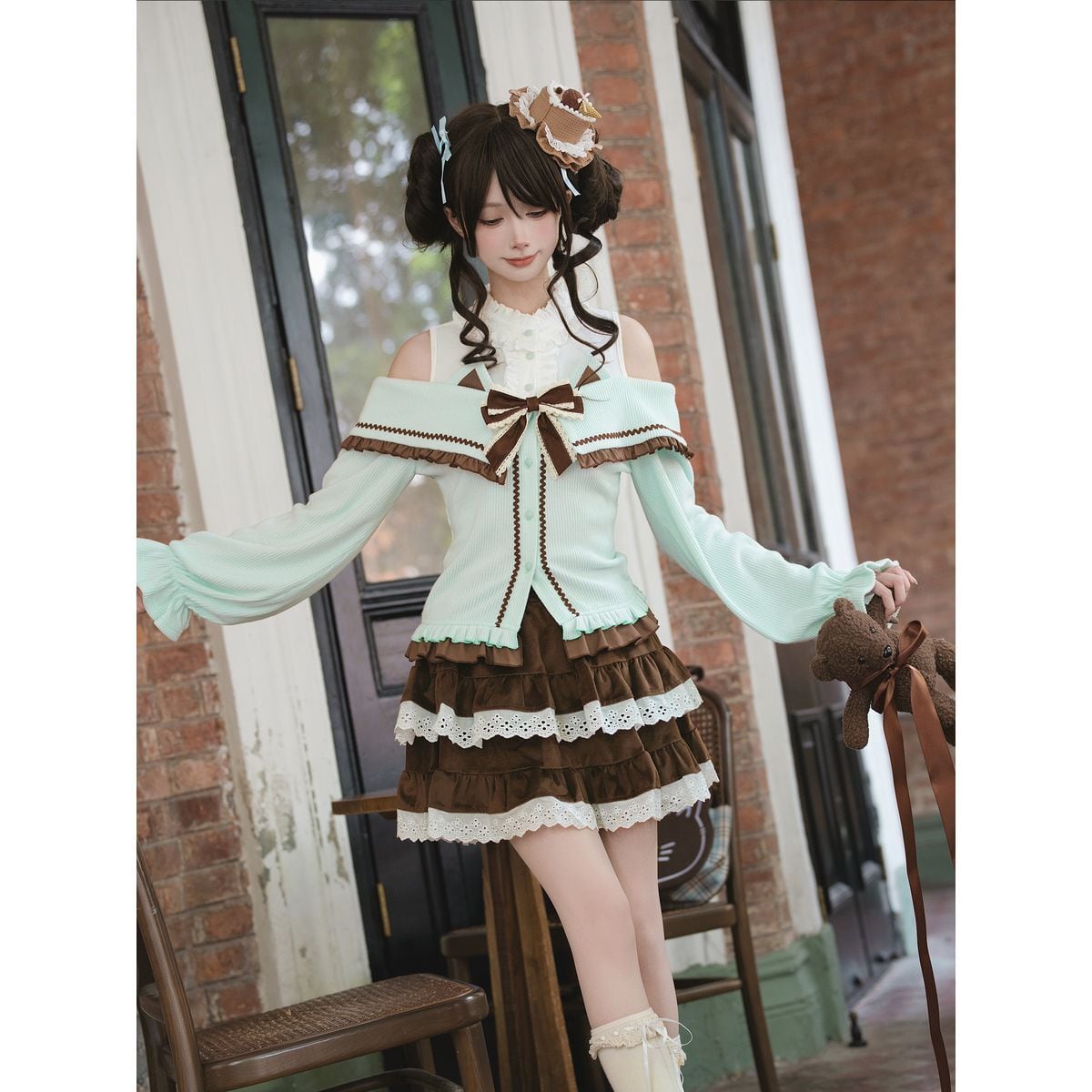 チョコミントオープンショルダーニットセットアップ | Maiden's Rêve