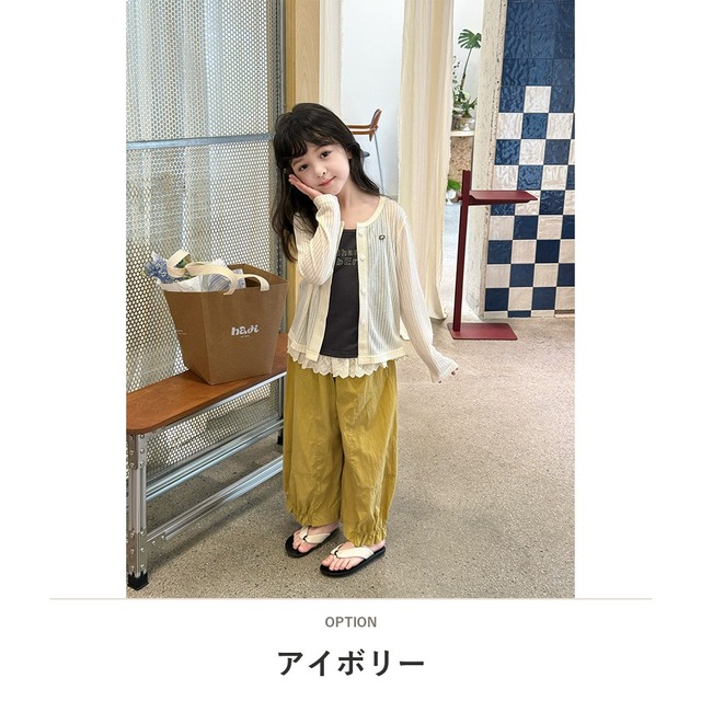 【KID】女の子シンプル無地リボンリブサマーカーディガン - 4