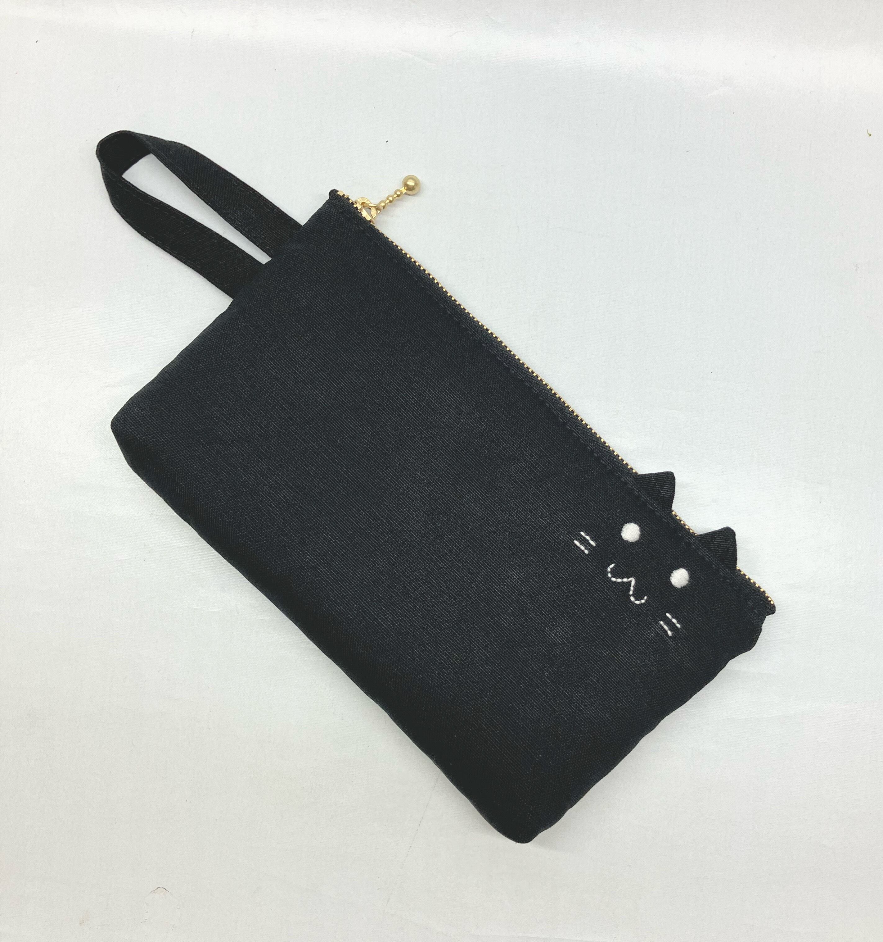 ★ブラウン③★ ハンドメイドトートバッグ　ポーチ ペンケース H93 ペンケース 黒猫 持ち手付き｜とりさん工房ーかわいいハンドメイド