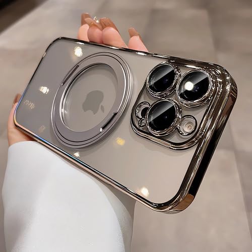 iPhone17 用 ケース マグセーフ互換 リング マグネット 搭載 360°回転スタンド 縦横両対応 氷晶デザイン レンズプロテクター付き衝撃吸収 高耐久性 6.3 インチ(グレー)