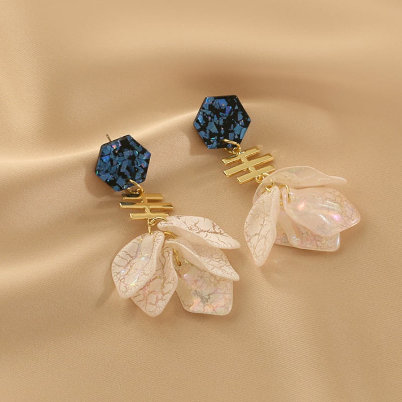 Navy Hexagon & Petal Tassel Earrings S0236