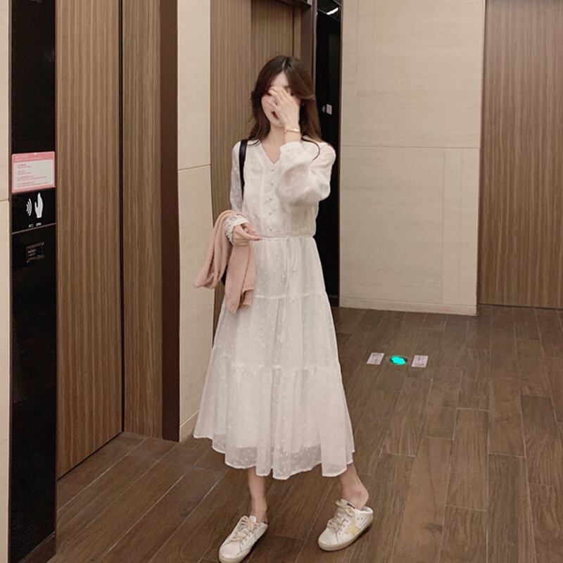 スカート ロング長袖スリーブホワイトドレス スプリングオータム 春物 秋物 スーパーモール42196591530