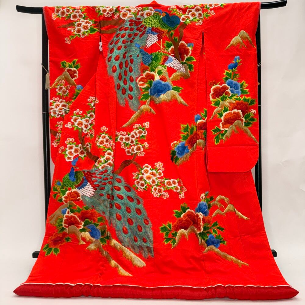 色打掛 正絹 鶴 刺繍 赤 打掛 花嫁衣裳 ポリエステル リサイクル 中古 ブライダル ウエディング 着物 6620