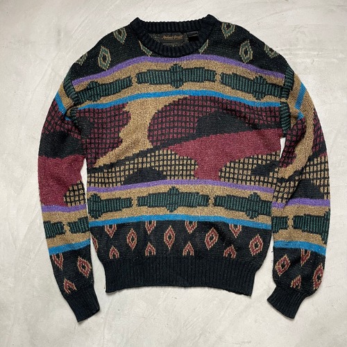 総柄 アクリル ニットセーター メンズM 古着 ジャガード【ニットセーター】