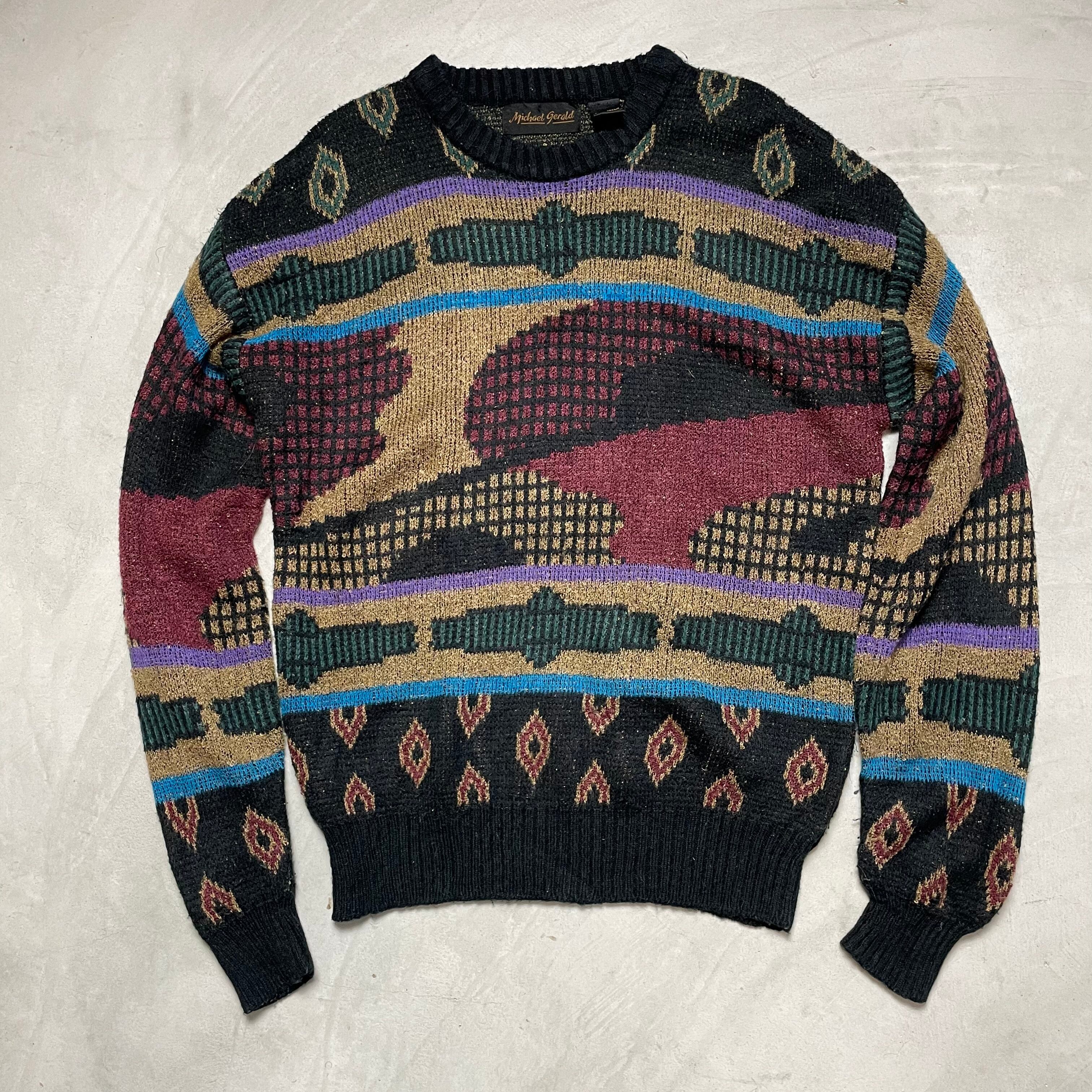 総柄 アクリル ニットセーター メンズM 古着 ジャガード【ニットセーター】