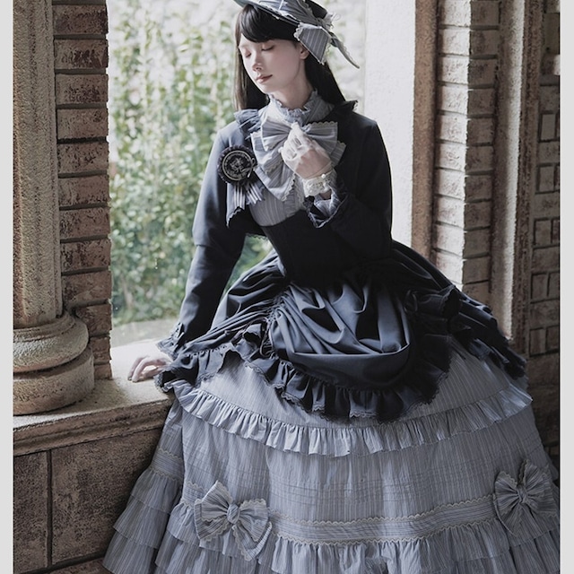 物語の令嬢へ ゴスロリ多段フリル6点フルセット ブラック×グレー｜WithU