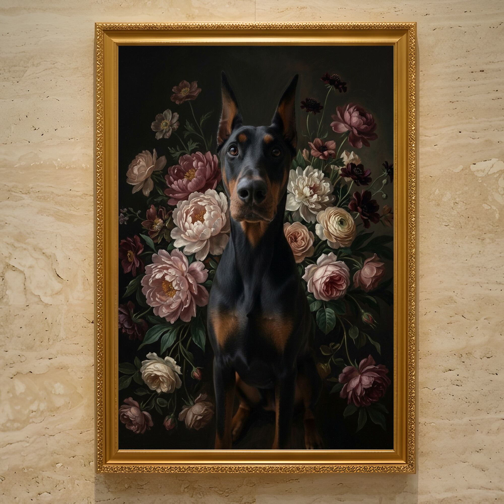 犬（ドーベルマン）の花に囲まれた油絵風アート A3額装インテリア