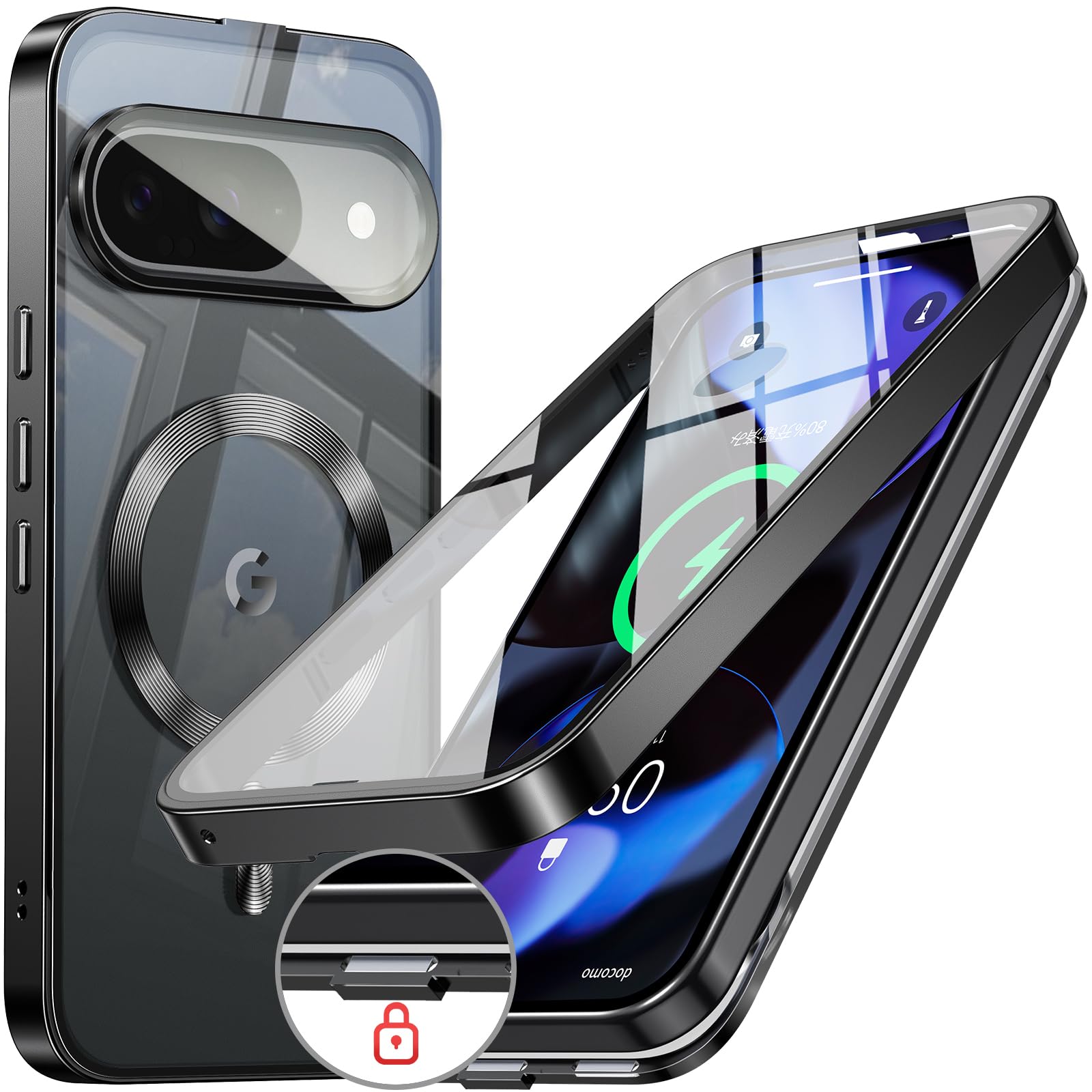 【自動スライドロック!360°全面保護】WTAIYUN Google Pixel 9 用 ケース MagSafe対応 一体型レンズ保護 高感度タッチ