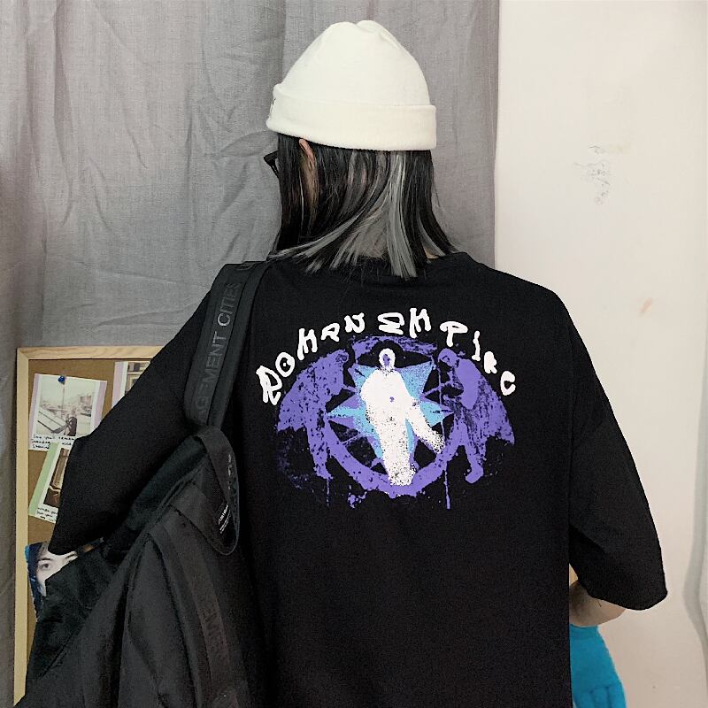 スタンダードダークプリント柄ルーズラウンドネックショート レトロ 半袖 ハーフスリーブ ストリート かわいい Oネック ケッペル80448247023