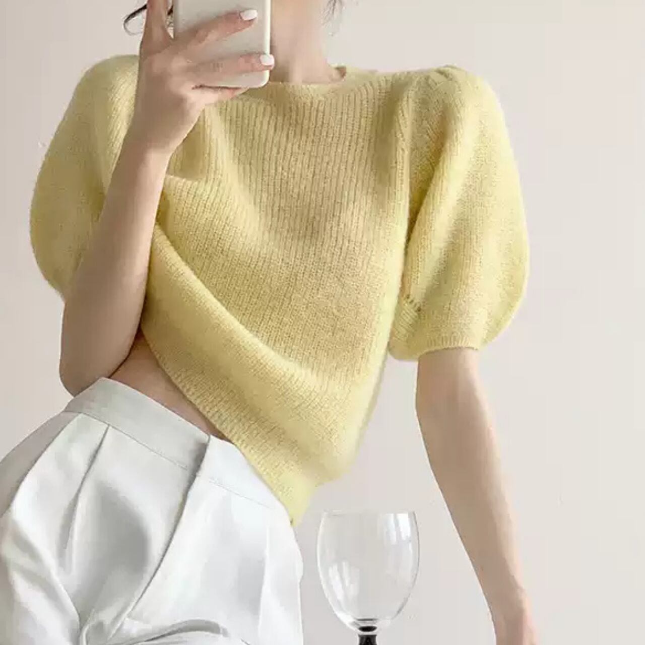 パフスリーブ サマーニット トップス-イエロー