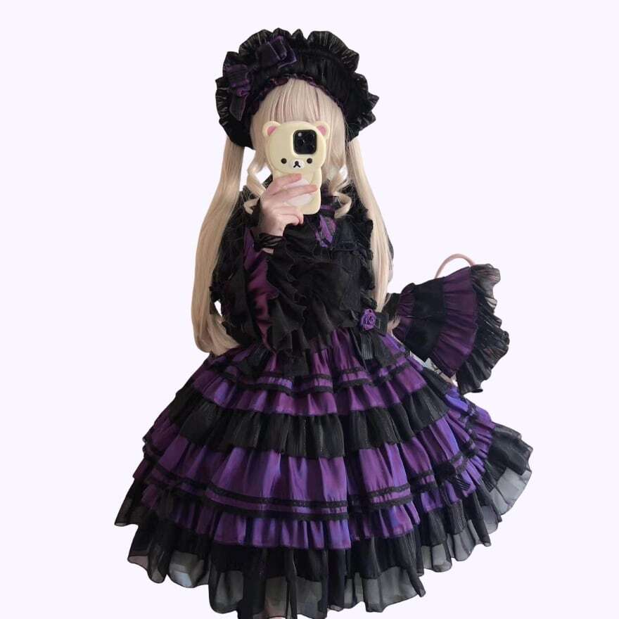 ロリータファッション 紫薔薇に眠る黒夜 フリルティアード長袖ゴスロリ