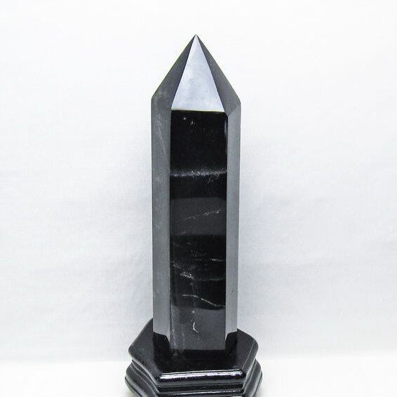 2.1Kg モリオン 六角柱 黒水晶 ポイント 置物 一点物 台座付属 162-444