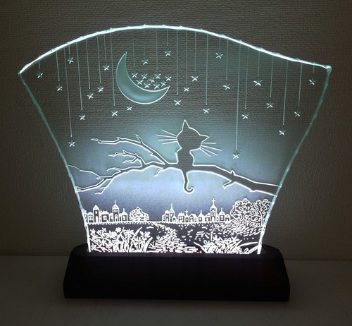 星降る夜・ネコ　ガラスエッチングパネル（三日月） Lサイズ・LEDスタンドセット　（ねこ・猫） 