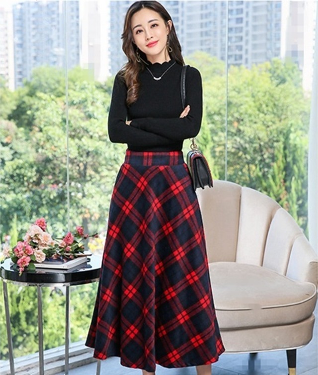 【ロングスカート】スカート ロングスカート チェック柄 ミモレ丈 ニット フレア Aライン ハイウエスト 秋 冬 春 チェックスカート ギンガムチェック 台形