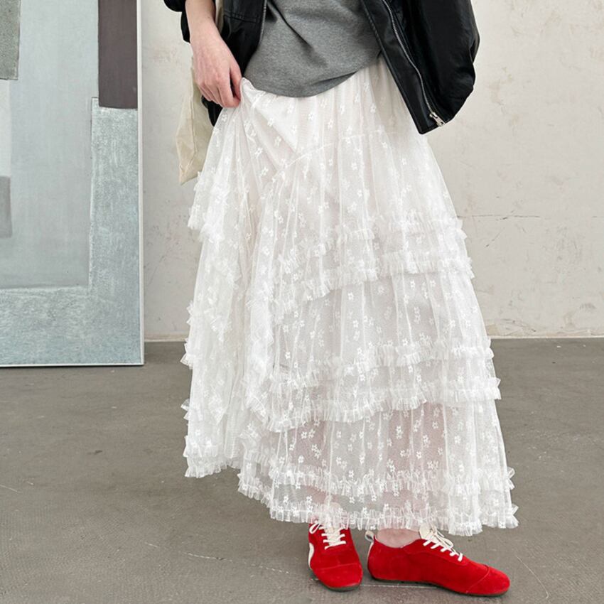 lace frill a-line long skirt J00315