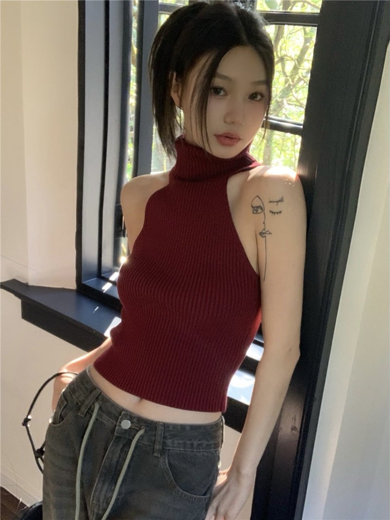 韓国通販 dgo】ハイネック ノースリーブニット ヴィンテージレッド