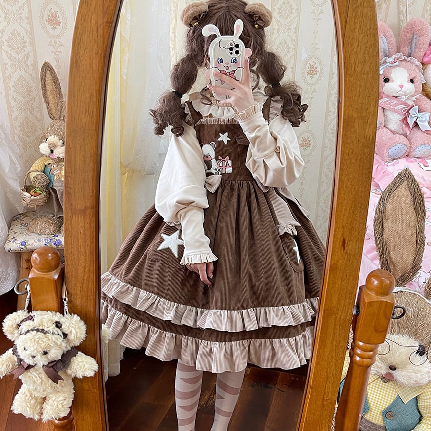 ロリィタ セットアップ クラロリ くまちゃん アップリケ コーデュロイ 秋 ブラウン お茶会
