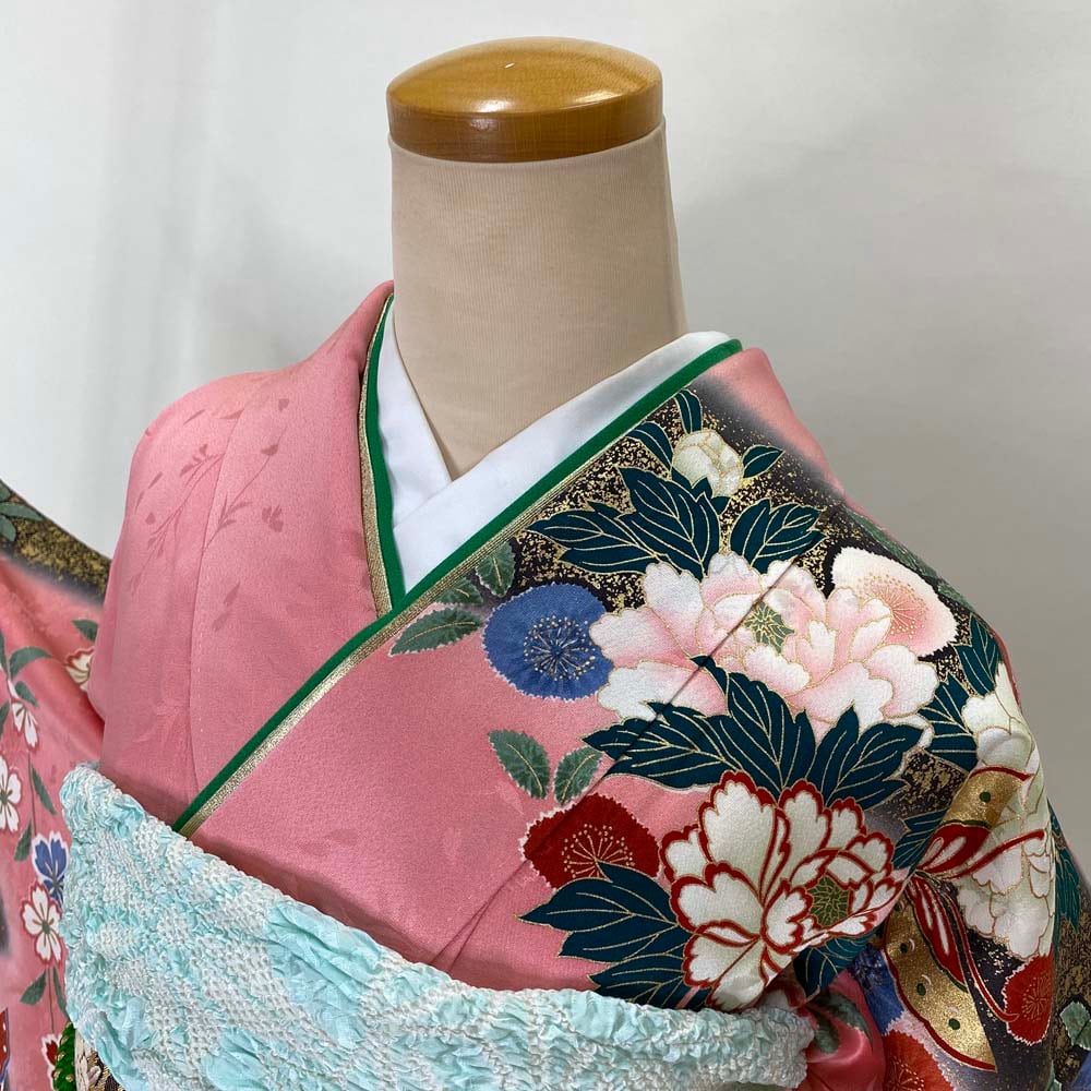 振袖フルセット、正絹絞り、成人式、重ね衿、帯揚げ帯締め、西陣袋帯、長襦袢 振袖フルセット、正絹総絞り、成人式、重ね衿、帯揚げ帯締め、本佐賀